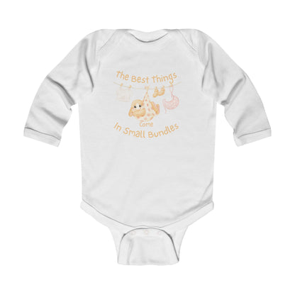 Infant Long Sleeve Bodysuit - "The Best Things Come in Small Bundles" Baby Onesie, Cute Pastel Nursery Animal Design, Newborn Gift