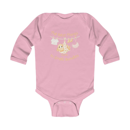 Infant Long Sleeve Bodysuit - "The Best Things Come in Small Bundles" Baby Onesie, Cute Pastel Nursery Animal Design, Newborn Gift