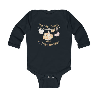 Infant Long Sleeve Bodysuit - "The Best Things Come in Small Bundles" Baby Onesie, Cute Pastel Nursery Animal Design, Newborn Gift