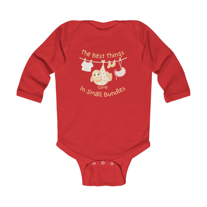 Infant Long Sleeve Bodysuit - "The Best Things Come in Small Bundles" Baby Onesie, Cute Pastel Nursery Animal Design, Newborn Gift