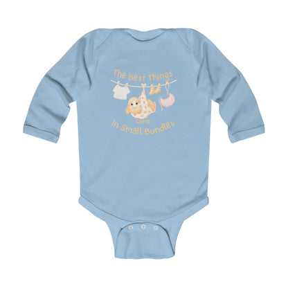 Infant Long Sleeve Bodysuit - "The Best Things Come in Small Bundles" Baby Onesie, Cute Pastel Nursery Animal Design, Newborn Gift