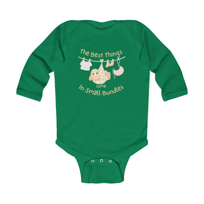 Infant Long Sleeve Bodysuit - "The Best Things Come in Small Bundles" Baby Onesie, Cute Pastel Nursery Animal Design, Newborn Gift