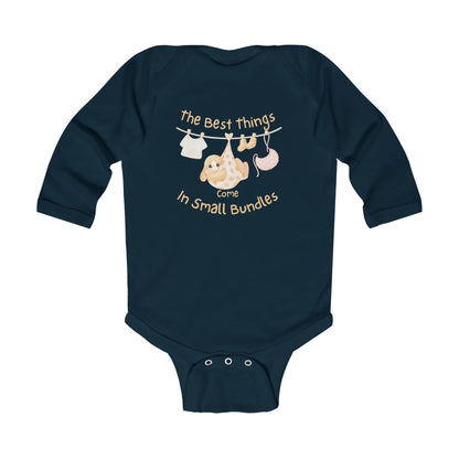 Infant Long Sleeve Bodysuit - "The Best Things Come in Small Bundles" Baby Onesie, Cute Pastel Nursery Animal Design, Newborn Gift