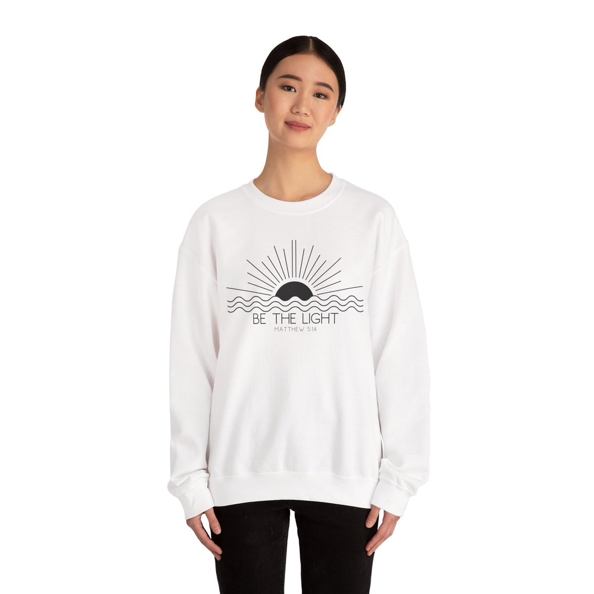 Crewneck Sweatshirt — Minimal "Be The Light" Sunrise Graphic