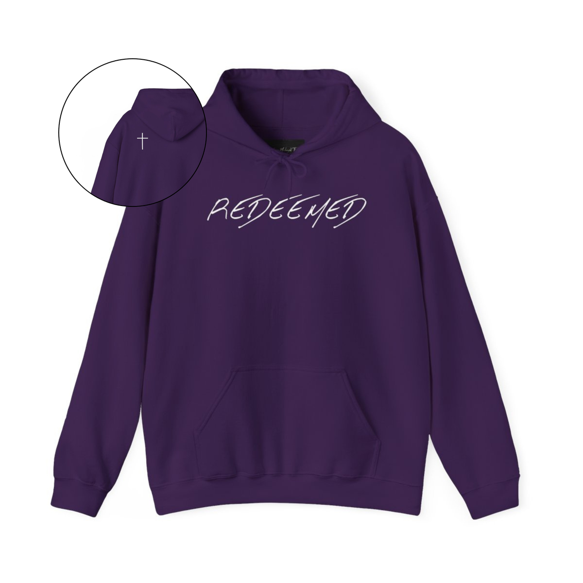 A purple hoodie with the words redeemed on the front center, a Jesus cross is on the back left shoulder of the hoodie.