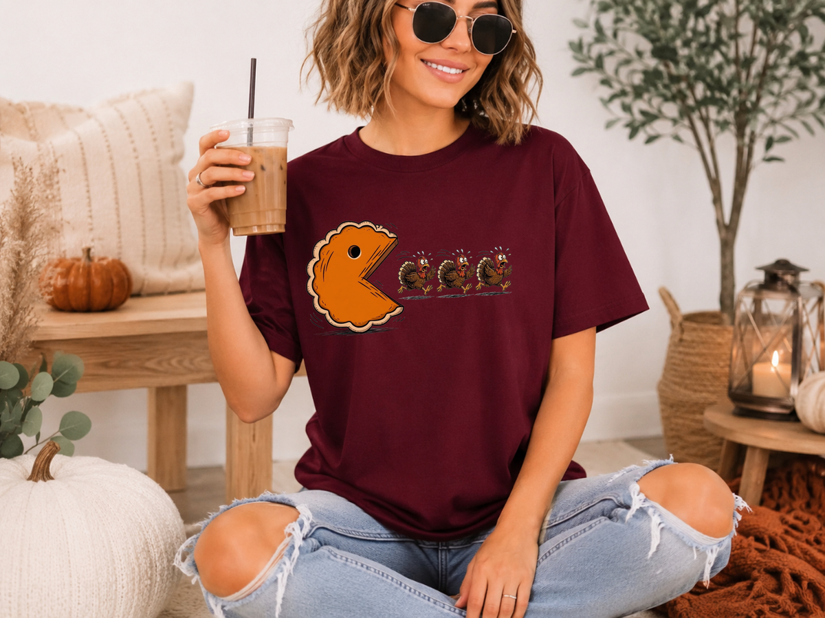 Pumpkin Pie Pac-Man Chasing A Turkey T-Shirt