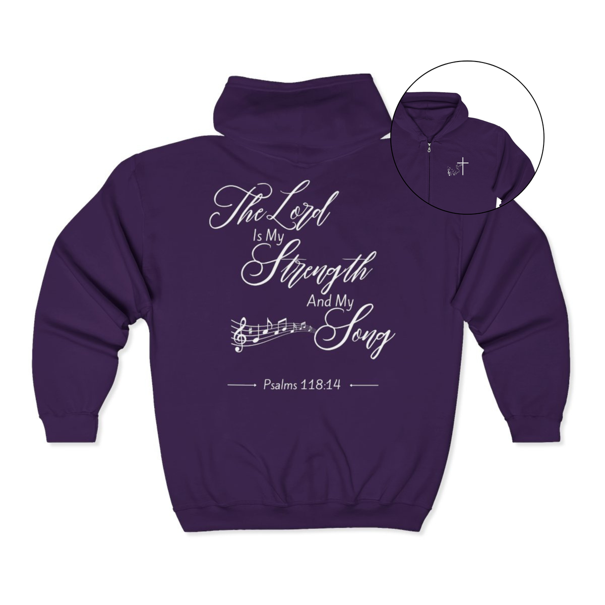 On the front of this Christian zip up hoodie is an image of a Jesus cross with music notes coming from the top of the cross, on the back of the hoodie are the words 'The Lord is my strength and my song Psalms 118:14 with music notes on either side of the image.