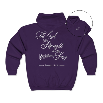 On the front of this Christian zip up hoodie is an image of a Jesus cross with music notes coming from the top of the cross, on the back of the hoodie are the words 'The Lord is my strength and my song Psalms 118:14 with music notes on either side of the image.
