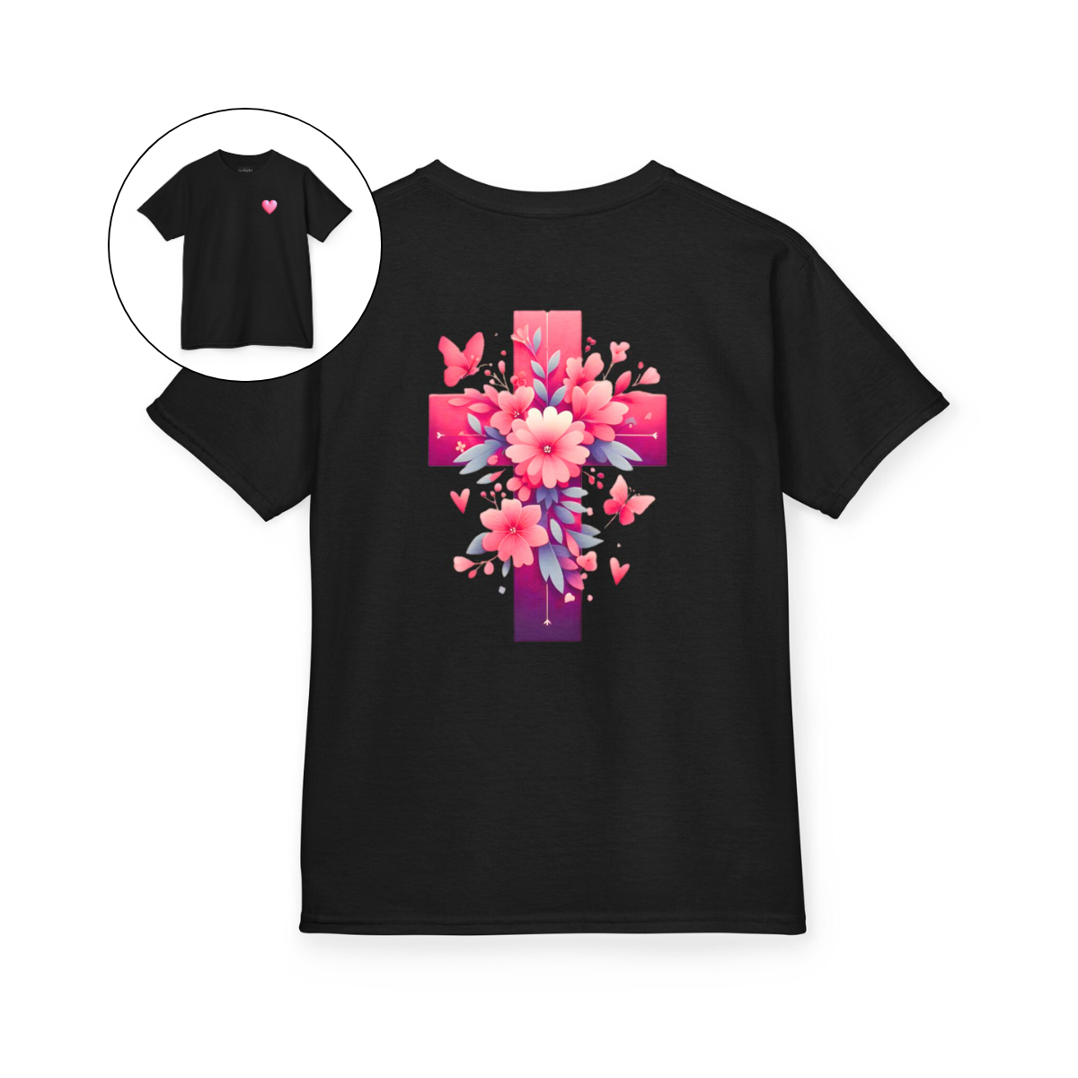Pink Heart Flower Cross Kids T-Shirt