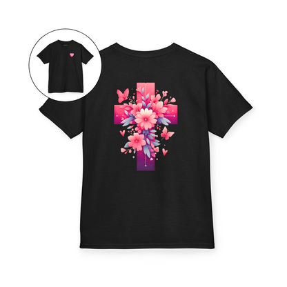 Pink Heart Flower Cross Kids T-Shirt
