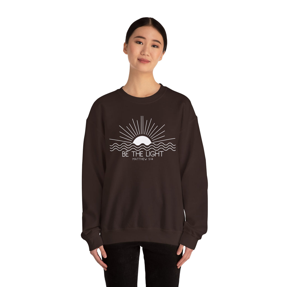 Crewneck Sweatshirt — Minimal "Be The Light" Sunrise Graphic