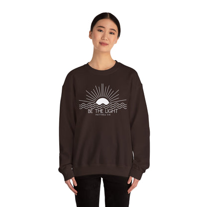 Crewneck Sweatshirt — Minimal "Be The Light" Sunrise Graphic