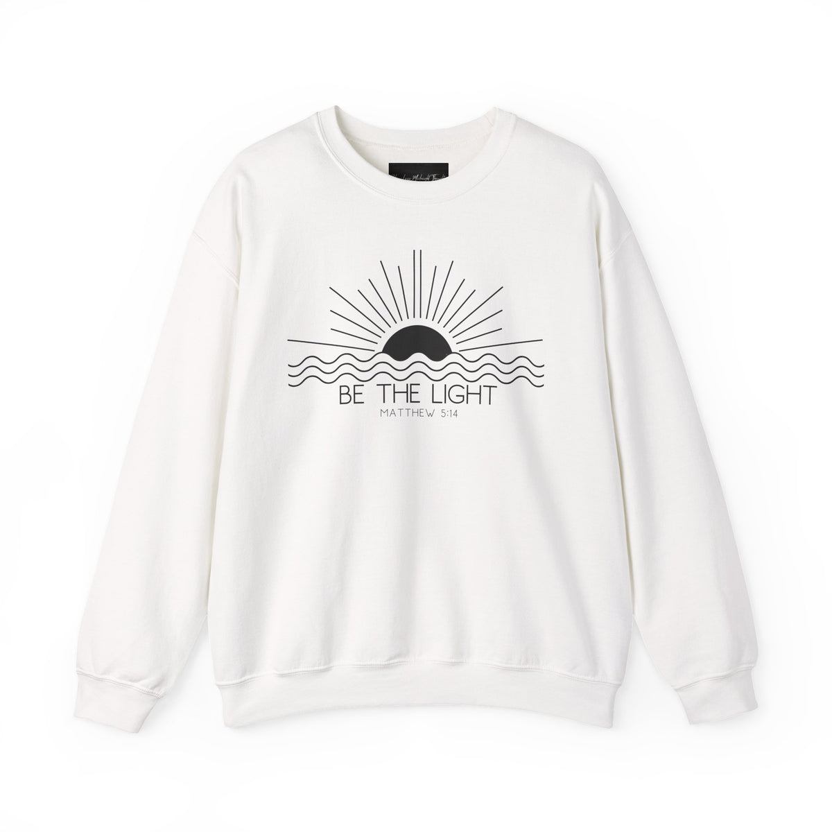 Crewneck Sweatshirt — Minimal "Be The Light" Sunrise Graphic