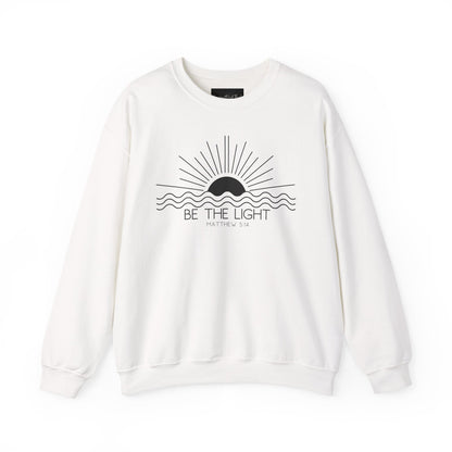 Crewneck Sweatshirt — Minimal "Be The Light" Sunrise Graphic