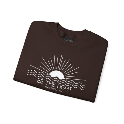 Crewneck Sweatshirt — Minimal "Be The Light" Sunrise Graphic
