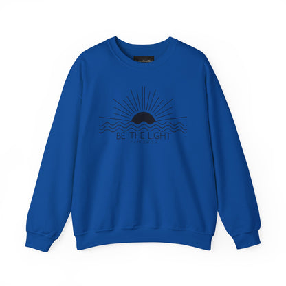 Crewneck Sweatshirt — Minimal "Be The Light" Sunrise Graphic