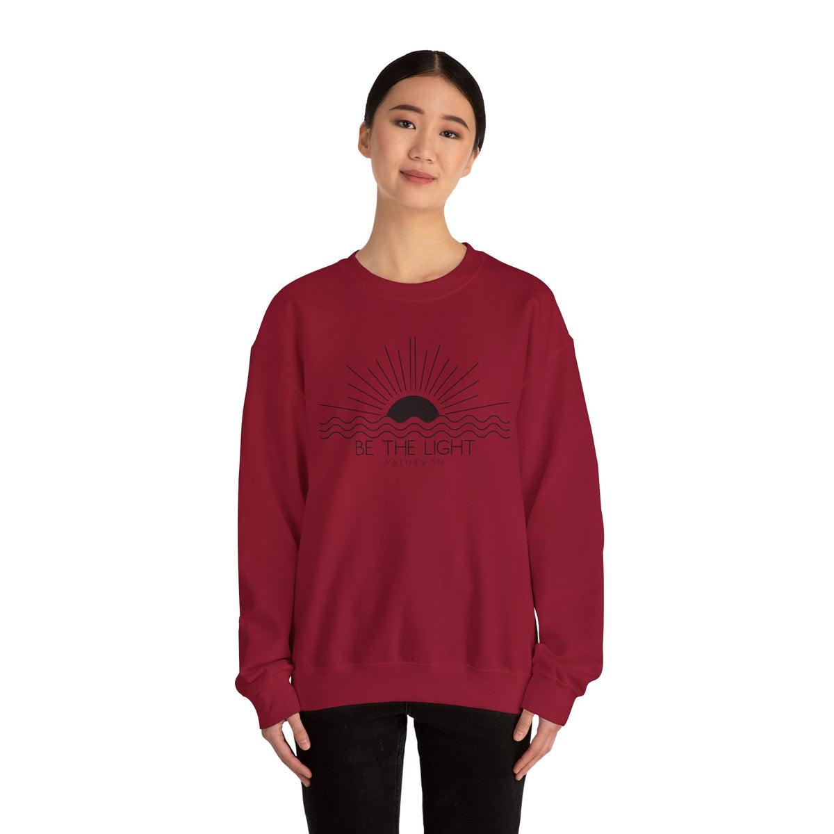 Crewneck Sweatshirt — Minimal "Be The Light" Sunrise Graphic