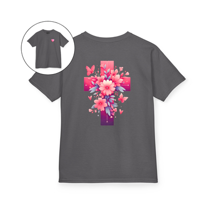 Pink Heart Flower Cross Kids T-Shirt