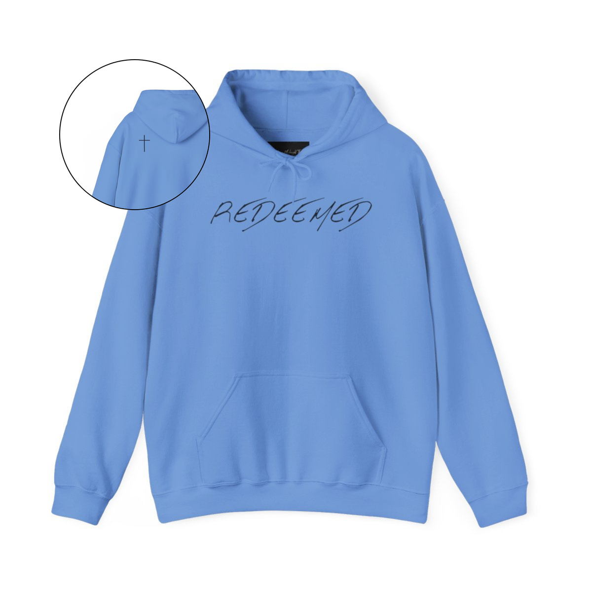 A blue hoodie with the words redeemed on the front center, a Jesus cross is on the back left shoulder of the hoodie.