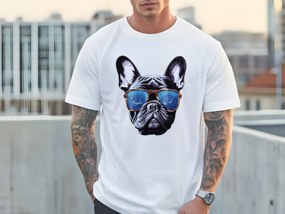 A man wearing a white oversized T-shirt with a graphic print of a French bulldog wearing blue-tinted sunglasses, paired with blue jeans in a bright indoor setting.