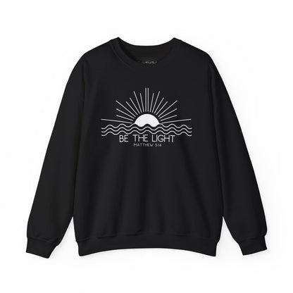 Crewneck Sweatshirt — Minimal "Be The Light" Sunrise Graphic