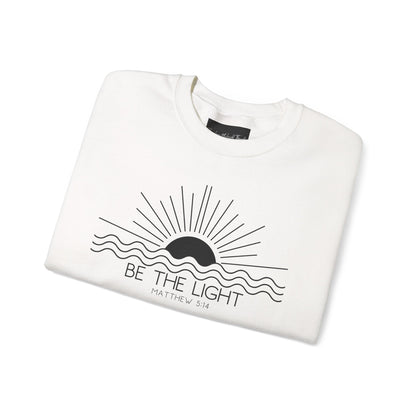 Crewneck Sweatshirt — Minimal "Be The Light" Sunrise Graphic