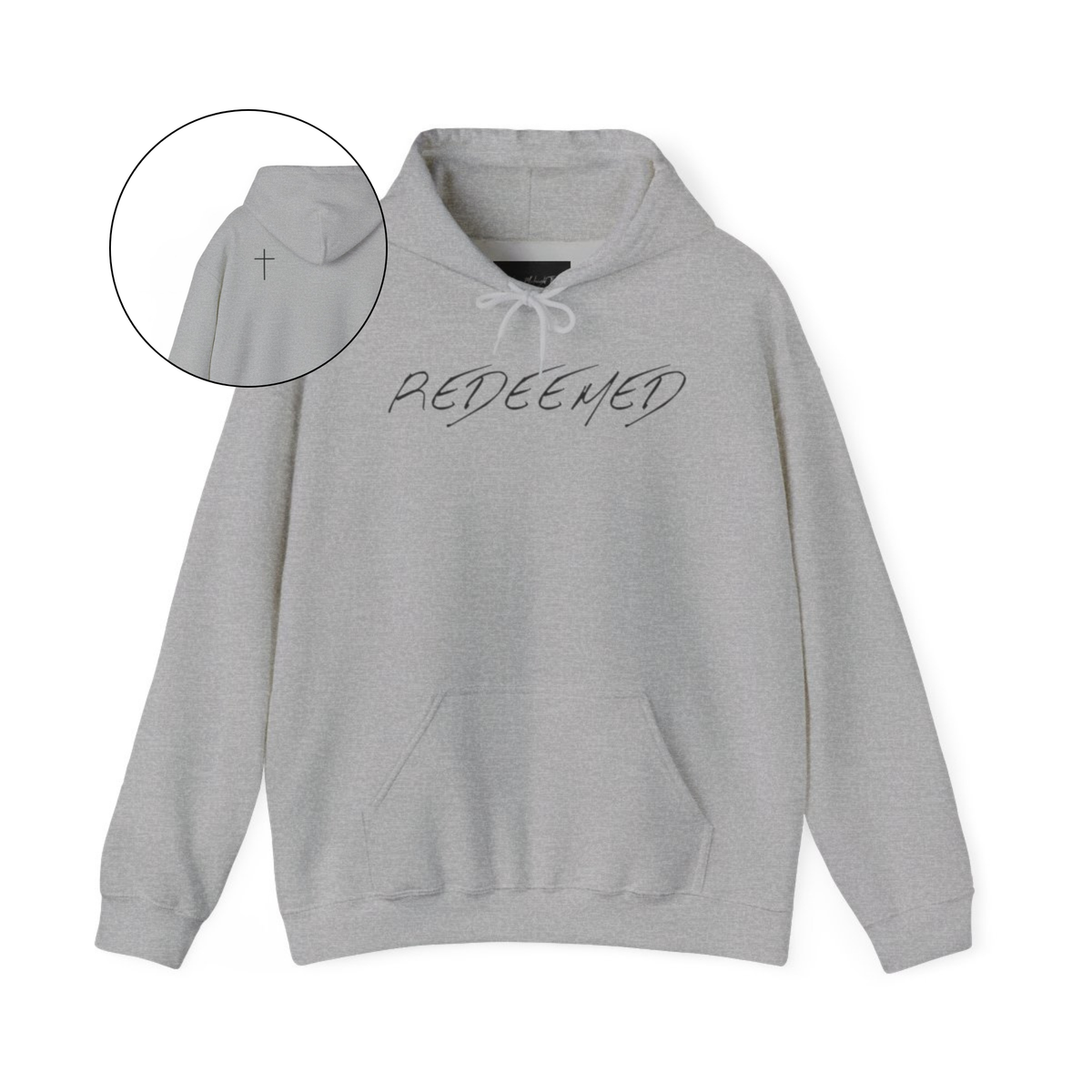A grey hoodie with the words redeemed on the front center, a Jesus cross is on the back left shoulder of the hoodie.
