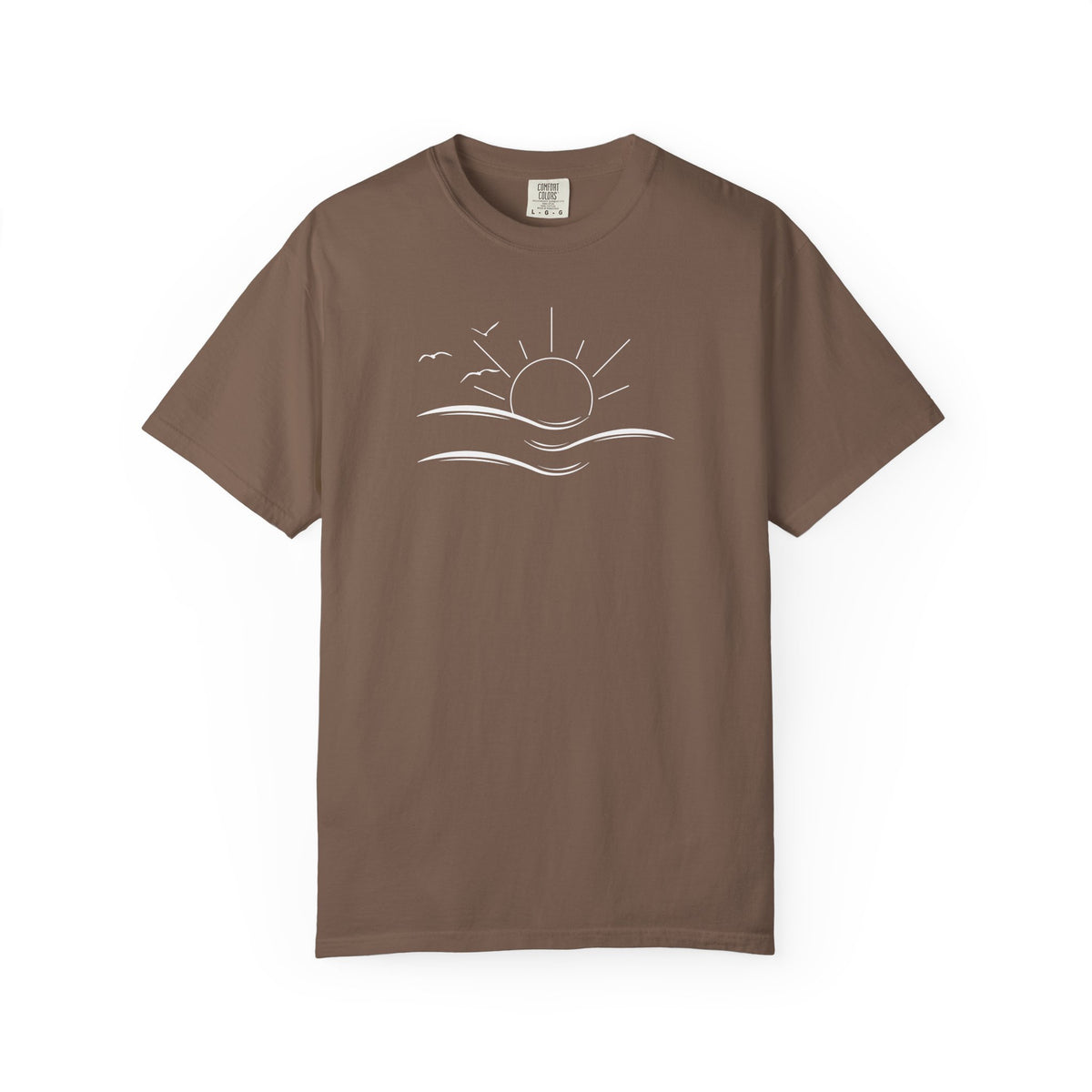 an oversized brown t-shirt the image on the front is a simple line drawing of waves and a sun with birds flying around the sun.