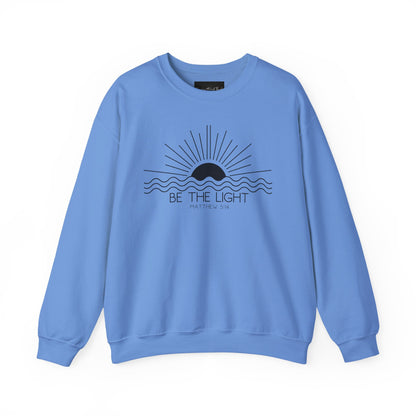Crewneck Sweatshirt — Minimal "Be The Light" Sunrise Graphic
