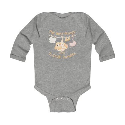 Infant Long Sleeve Bodysuit - "The Best Things Come in Small Bundles" Baby Onesie, Cute Pastel Nursery Animal Design, Newborn Gift