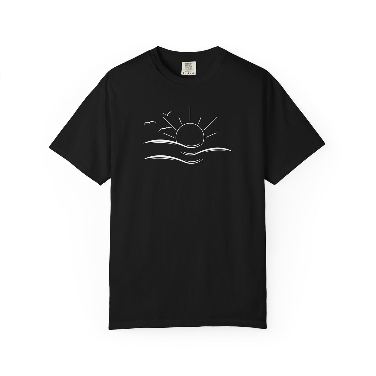 an oversized black t-shirt the image on the front is a simple line drawing of waves and a sun with birds flying around the sun.