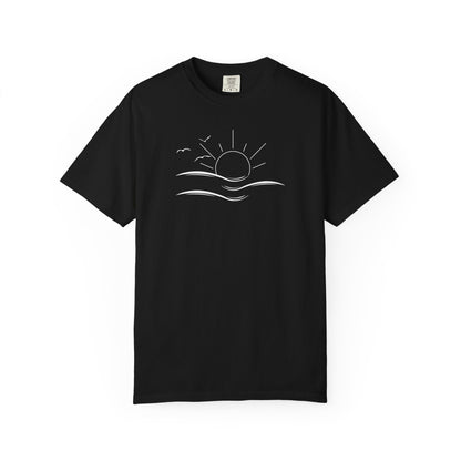 an oversized black t-shirt the image on the front is a simple line drawing of waves and a sun with birds flying around the sun.