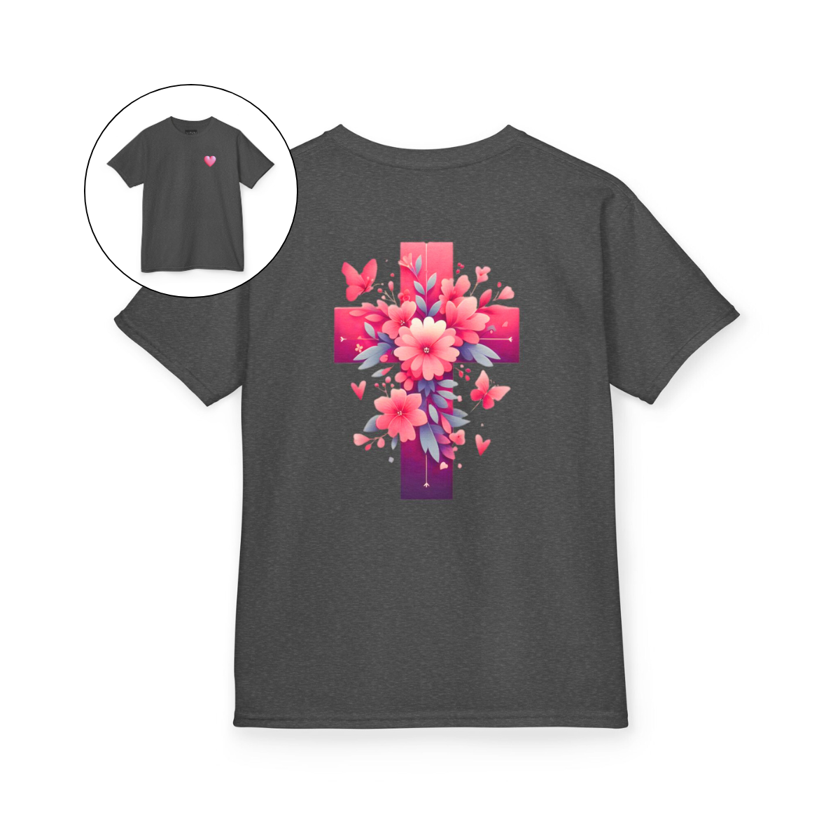 Pink Heart Flower Cross Kids T-Shirt