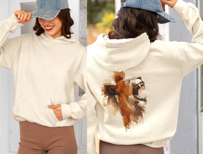 A Christian hoodie with the words Have No Fear Psalms 27:1 on the right sleeve cuff of the hoodie, there is a large image of a lion of the back of the hoodie 