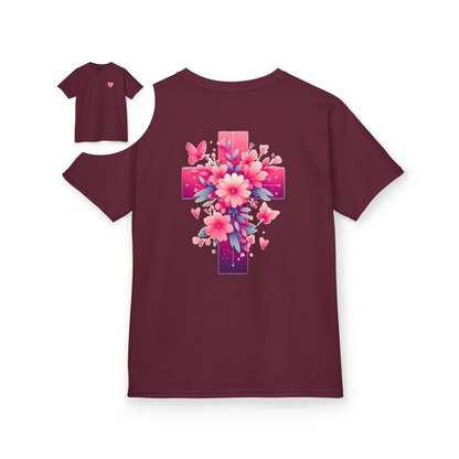 Pink Heart Flower Cross Kids T-Shirt