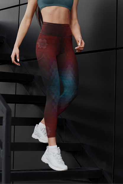 Women's Dark Red and Teal Abstract Leggings
