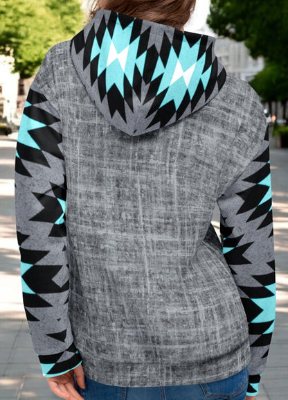 Aztec Grey And Turquoise Color Block Hoodie