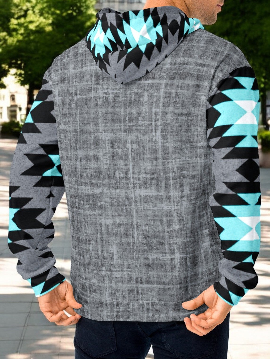 Aztec Grey And Turquoise Color Block Hoodie