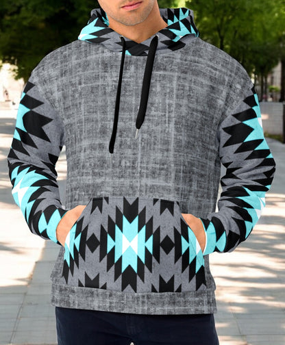 Aztec Grey And Turquoise Color Block Hoodie