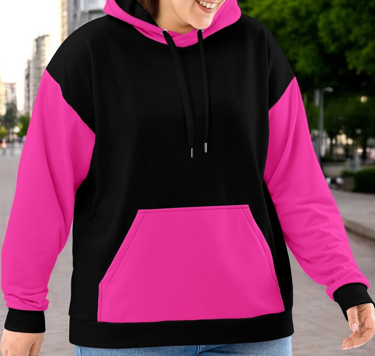 Pink And Black Color Block Hoodie