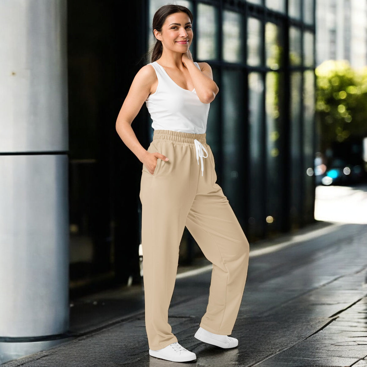 Beige Wide-Leg Joggers