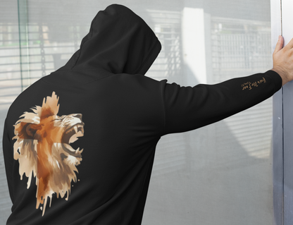 A Christian hoodie with the words Have No Fear Psalms 27:1 on the right sleeve cuff of the hoodie, there is a large image of a lion of the back of the hoodie 