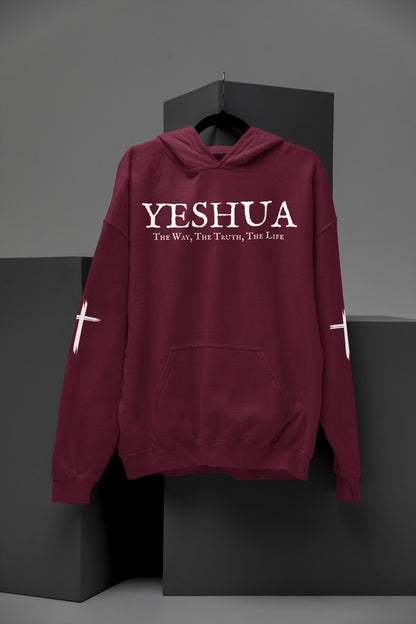 On the front of this Christian hoodie are the words 'Yeshua the way the truth the life' there is a Jesus cross on both sleeves of the hoodie.
