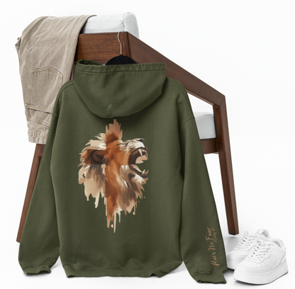 A Christian hoodie with the words Have No Fear Psalms 27:1 on the right sleeve cuff of the hoodie, there is a large image of a lion of the back of the hoodie 