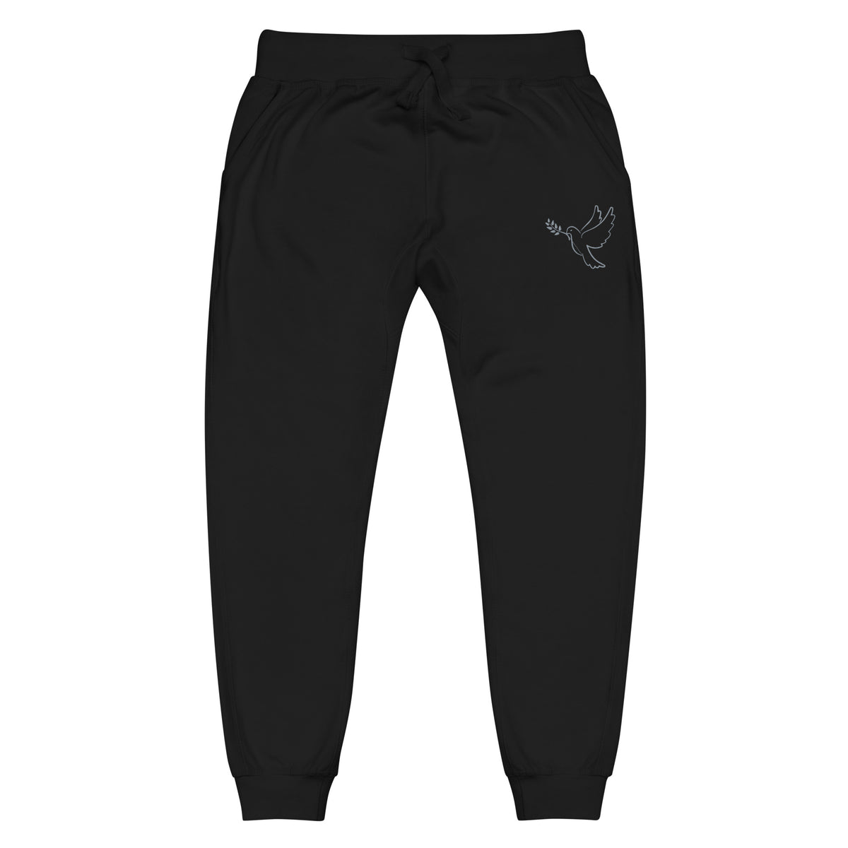 A pair of fleece lined mid rise skinny leg sweatpants with an embroidered silver dove carrying a fig leaf over the left front pocket of the pants.
