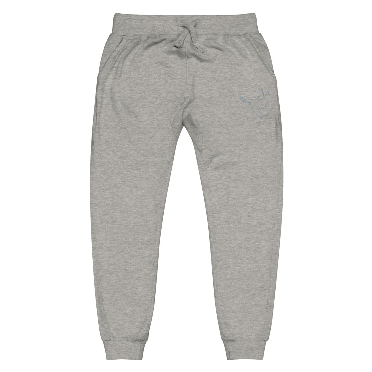 A pair of fleece lined mid rise skinny leg sweatpants with an embroidered silver dove carrying a fig leaf over the left front pocket of the pants.