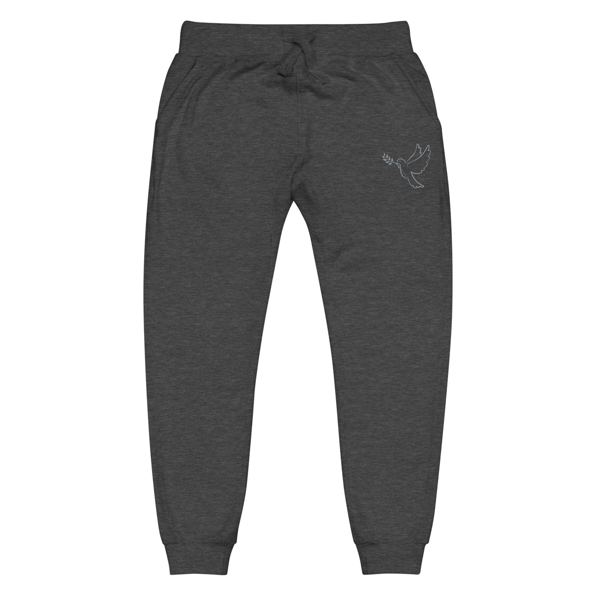 A pair of fleece lined mid rise skinny leg sweatpants with an embroidered silver dove carrying a fig leaf over the left front pocket of the pants.