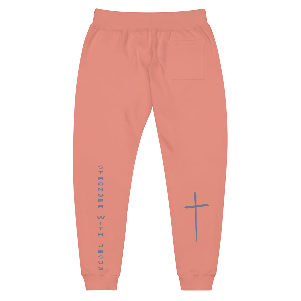 A pair of fleece lined sweatpants that have the words Stronger With Jesus on the back left leg of the pants, on the right leg is a large Jesus cross