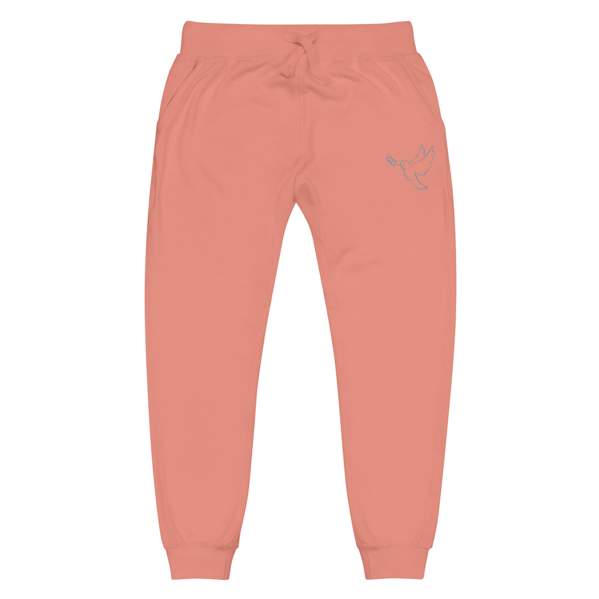 A pair of fleece lined mid rise skinny leg sweatpants with an embroidered silver dove carrying a fig leaf over the left front pocket of the pants.