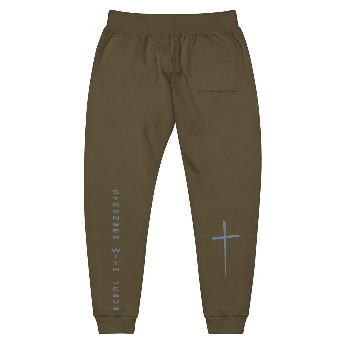 A pair of fleece lined sweatpants that have the words Stronger With Jesus on the back left leg of the pants, on the right leg is a large Jesus cross